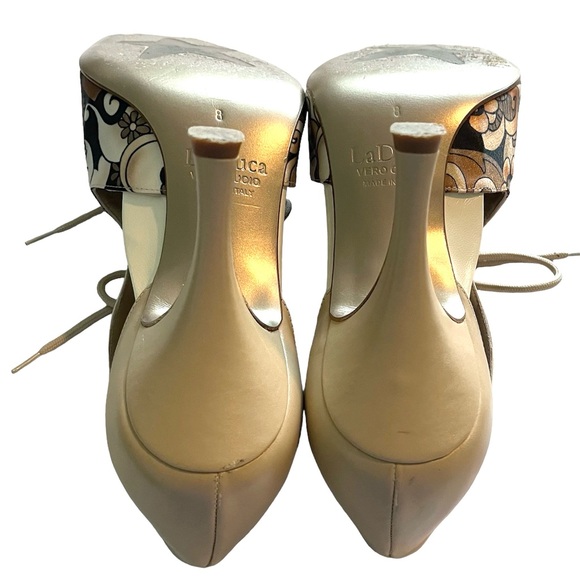 SUPER RARE Laduca KATRINA Cream & Beige Leather W/Printed Satin Size 38 LE EUC - Picture 3 of 6